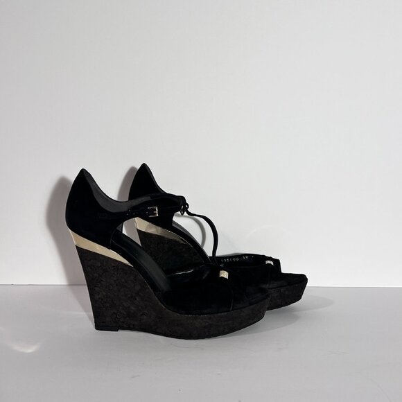 Gucci by Tom Ford Cork Wedge Black Suede Silver Logo Heels Sz 8 - Picture 3 of 16